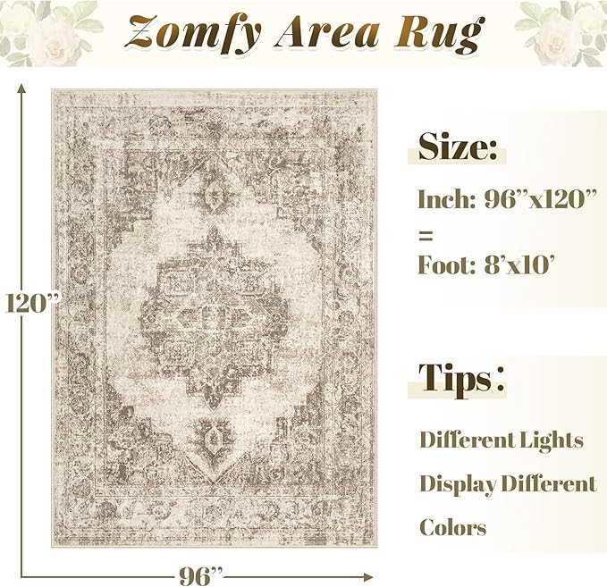 Area Rug 8x10 Vintage Rugs: Large Washable Indoor Medallion Rug Low Pile Distressed Floor Carpet Retro Accent Rugs for Living Room Bedroom Kitchen Dining Table Home Office(Taupe, 8'x10')