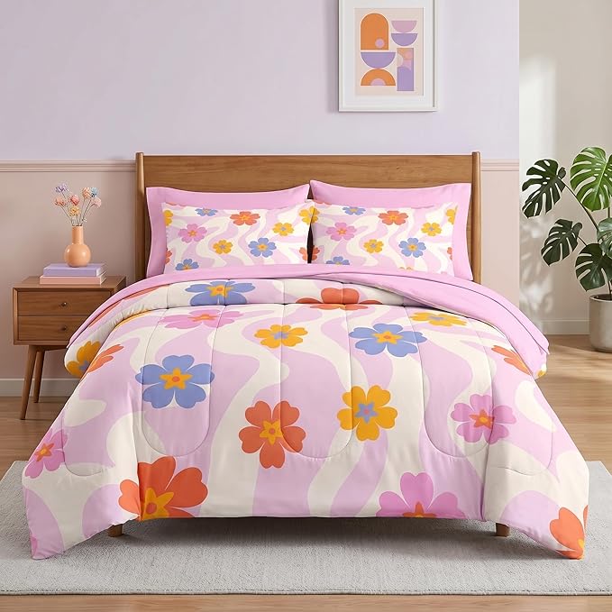 Pamnest Comforter Set Queen Size, Retro Daisy Pink 7 Pcs Bedding for Kids and Adults, Hippie Aesthetic Kids Bed Sheet Sets with Fitted Sheet 2 Pillowcases & 2 Shams for Bedroom Bed Decor
