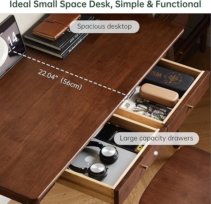 YESWOOD Solid Wood Desk, Mid Century Modern Home Office, Computer Desk with Drawers for Study Bedroom Living Room 55.11" W