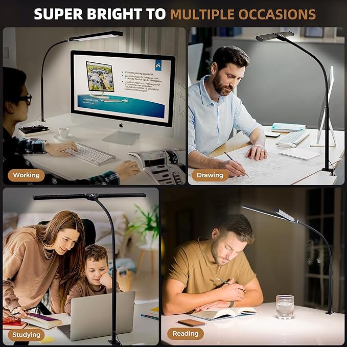Motumen Led Desk Lamp for Home Office, Eye-Care Architect Light with Clamp, Smart Double Head Computer Monitor Table Clip Lamp, Adjustable Flexible Goose-Neck, 25 Lighting Models, Task Lamp, Black