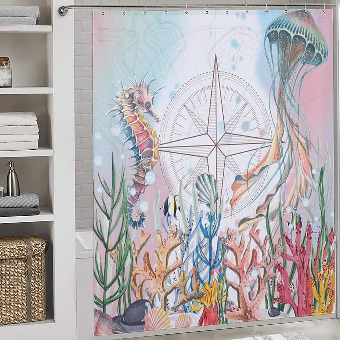 Coastal Jellyfish Shower Curtains,Beach Nautical Ocean Starfish Seashell Seahorse Underwater Animal Theme Bathroom Curtain Waterproof Fabric Machine Washable with Hooks,72x84Inch