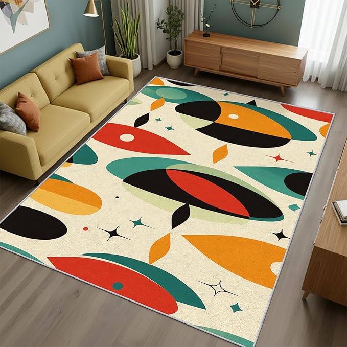 Mid Century Rug 3x5 Retro Abstract Geometric 70s 80s Pattern Area Rugs for Living Room, Bedroom, Mid Century Home Decor Accessories Indoor Carpet, Non Slip & Machine Washable, GD0685