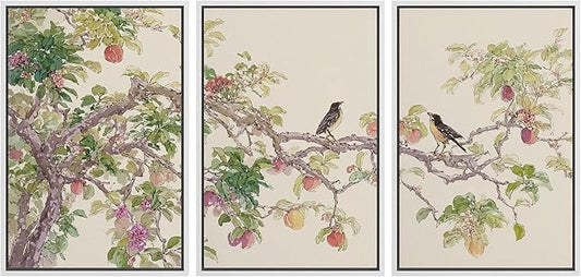 wall26 Framed Print Wall Art Set Watercolor Fruit Tree Branch with Birds Botanical Decorative Minimal Relax/Zen for Living Room, Bedroom, Office - 24"x36"x3 White