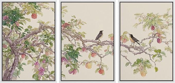 wall26 Framed Print Wall Art Set Watercolor Fruit Tree Branch with Birds Botanical Decorative Minimal Relax/Zen for Living Room, Bedroom, Office - 16"x24"x3 White