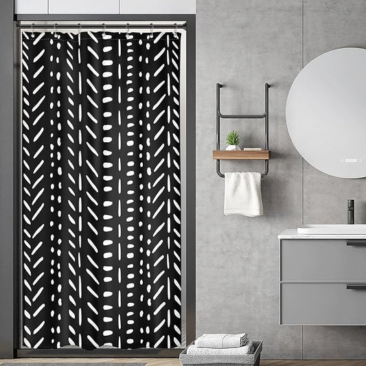 Riyidecor Stall Small Black White Boho Half Size Dorm Shower Curtain 36x72 Inch Chevron Geometric Herringbone Striped Single Narrow Tiny Walkin Stand Up Decor Fabric Bathroom Set Polyester Waterproof