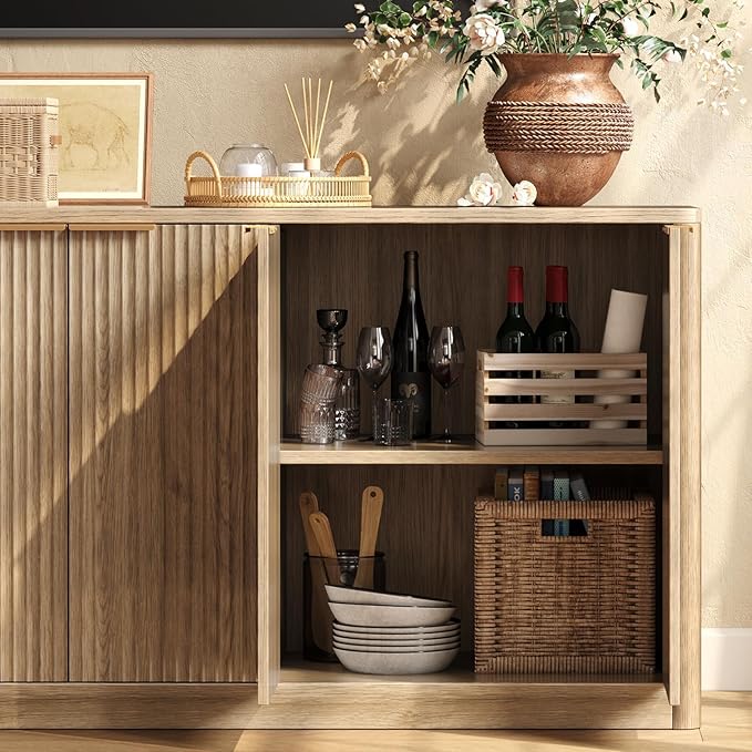 Evermagin 67" Fluted Oak Buffet Cabinet Sideboard with Storage, Large Credenza with 6 Doors, Wood Mid Century Modern Sideboard for Kitchen and Living Room (67"*31.5"*15.7")