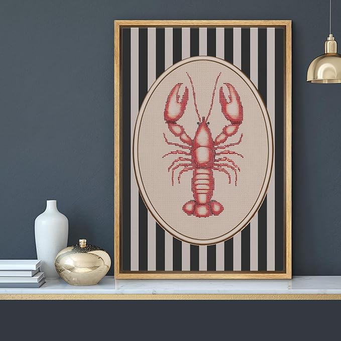 MUDECOR Framed Canvas Print Wall Art Vintage Red Lobster Needlepoint Style Nautical Stripe Illustrations Minimalism Decorative Bohemian Colorful Zen for Living Room, Bedroom, Office - 16"x24" NATURAL