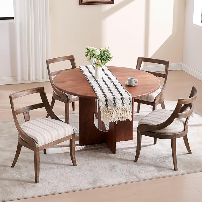 Modern Farmhouse Dining Chairs Set of 4 Mid Century Upholstered Dining Chair with Wooden Curved Back Kitchen Chairs for Dining Room Restaurant Cafe, Brown Walnut Colored-Linen Khaki Stripe