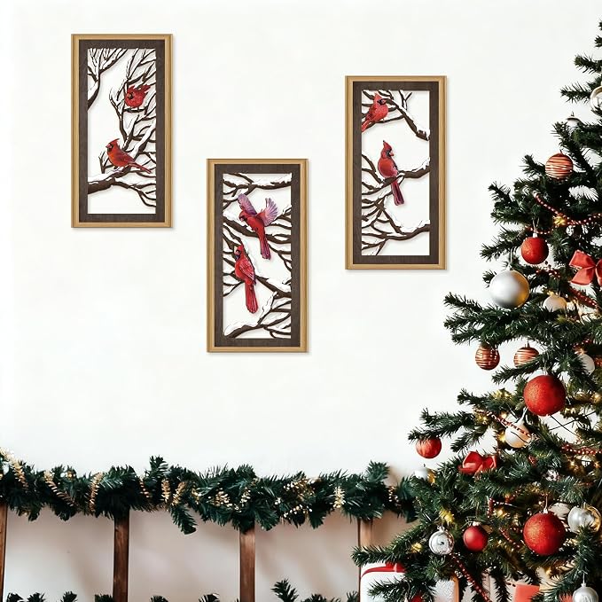 Ausril 3 Pcs Red Birds Wall Decor,Abstract Cardinal Wood Wall Art Bohemian Winter Xmas Hanging Decor Tree Branch Artwork Decoration for Farmhouse Bedroom Living Room 7.9 x15.8 Inch