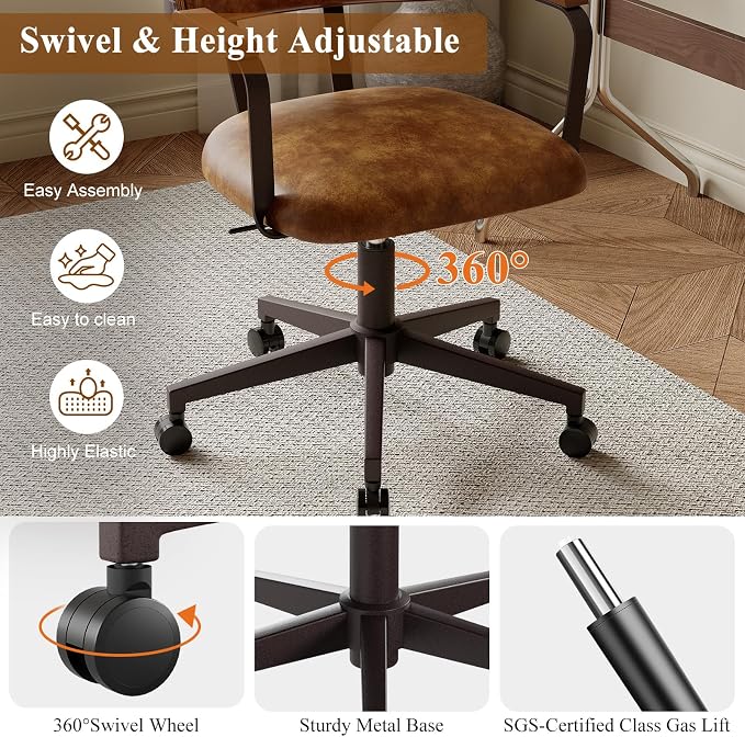 Mid-Century Modern Desk Chair with Walnut Bentwood Design,Retro Home Office Chair with Adjustable Height,360°Swivel,Smooth Rolling Casters,Small Computer Chair PU Leather (Brown)