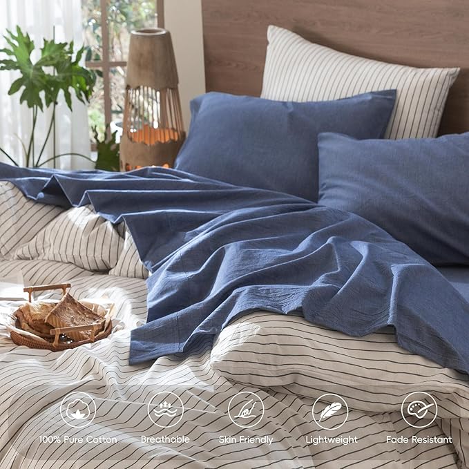 MooMee Bedding Sheet Set 100% Washed Cotton Linen Like Textured Breathable Durable Soft Comfy (Heathered Blue, Twin)