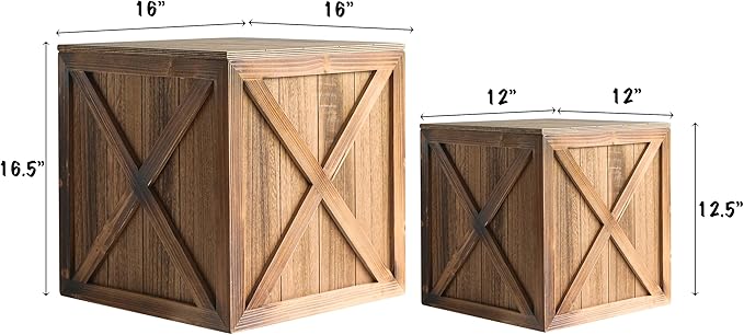 COLLECTIVE HOME - Wood Storage Ottoman, Rustic Storage Stool, 2 Pack Cube Seat Foot Rest Stool, Accent Side Table, Metal Storage Bin for Living Room Furniture, 16"/12" (Wood, barn Door)