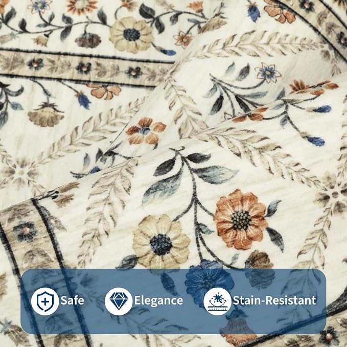 GarveeHome Floral 9x12 Area Rugs for Living Room Bedroom, Soft Washable Rugs 9x12 Stain Resistant, Ultra-Thin Non-Slip Dining Room Rug Non-Shedding Accent Carpet for Office Beige Sand