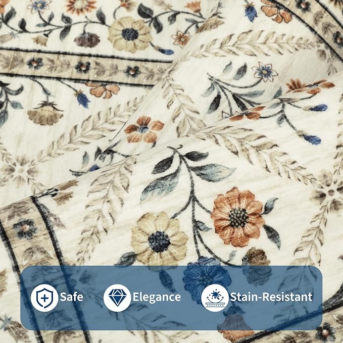 GarveeHome Large Entryway Rug 3x5 Floral Washable Area Rugs Vintage Soft Non-Slip Small Floor Carpet Doormat Stain Resistant Low-Pile Ultra-Thin Entry Mat for Bedside Kitchen Beige
