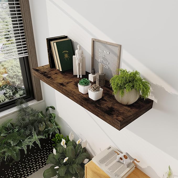 Floating Shelves 36 Inch Long, 12 Inch Deep Floating Shelves for Wall, 36 x 12 Shelves for Wall Storage & Display, 2" Thick Floating Shelf for Bathroom, Living Room, Rustic Brown Color, Set of 1