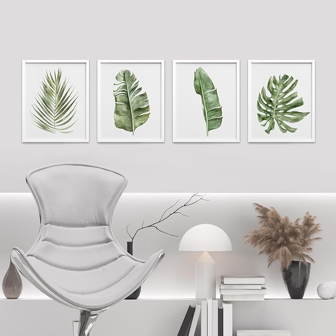 SIGNWIN Framed Banana Palm Monstera Leaf Wall Art, Set of 4 Green Pastel Wall Decor Prints, Nature Wilderness Wall Décor for Living Room, Bedroom - 11"x14" White