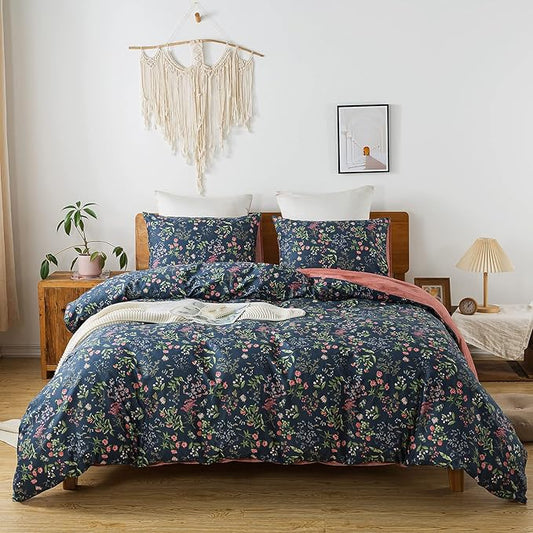 HoneiLife King Duvet Cover Set - 100% Cotton Comforter Cover Floral Duvet Cover Sets,Soft & Breathable Duvet Cover with Zipper Closure and Corner Ties,3pcs Wildflower Comforter Cover Sets- Flower Sea
