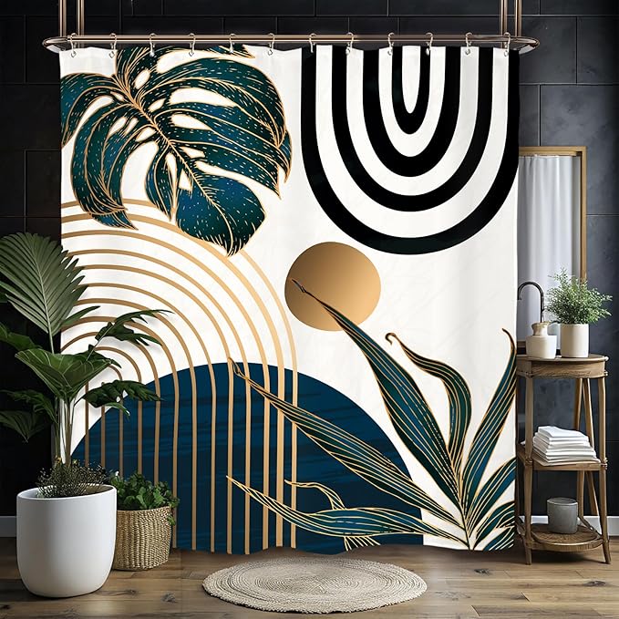 Miyotaa Abstract Modern Navy Blue Shower Curtain Set 60Wx71H Inches Minimalist Mid Century Contemporary Monstera Leaves Vintage Aesthetic Polyester Waterproof Cloth Bathroom Curtain with 12 Hooks