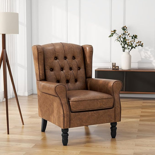 High Back Accent Chair, PU Leather Upholstered Armchair Wingback Chair for Living Room, Comfy Single Sofa Bedroom Reading Seat with Solid Wood Legs, Brown