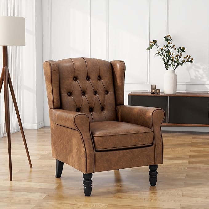 Faux Leather High Back Accent Chairs Set of 2, Leather Upholstered Armchair Wingback Chair for Living Room, Comfy Single Sofa Bedroom Reading Seat with Solid Wood Legs, Brown