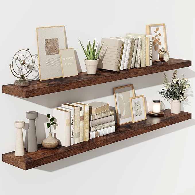 Fun Memories 66 Inch Fireplace Mantel Shelf with Invisible Bracket, 8 Inch Deep Floating Shelf for Living Room, Kitchen, Farmhouse, Brown (2-Pack)