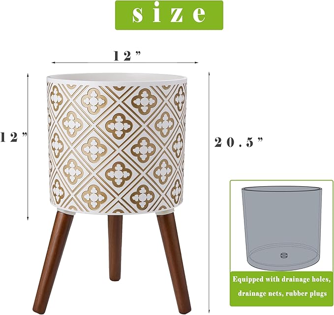 naclto 12 Inch Planter Pot with Stand,Plant Stand Plant Pot for Indoor Plants,Large Modern Flower Pots Indoor Outdoor with Drainage for Home Garden Patio, White and Gold