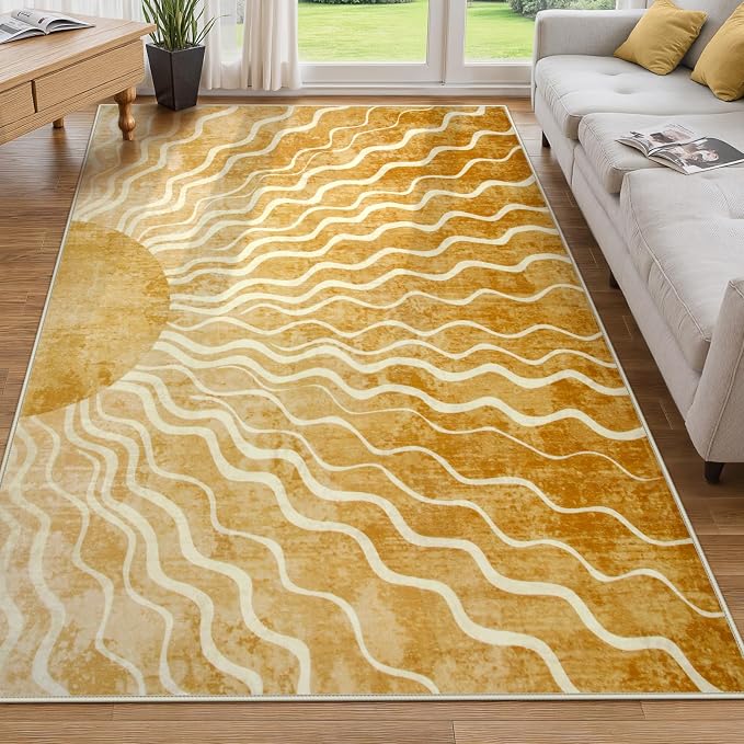 Wonnitar Sun Print Washable Area Rugs, 6x9 Rug for Kids Room Living Room, Gradient Yellow Soft Non Slip Sunshine Boho Ultra-Thin Carpet for Bedroom Classroom Playroom Nursery