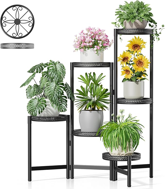 Metal Plant Stand Indoor Outdoor, 6 Tier Tall Flower Pot Holder Potted Display Rack Shelf, Heavy Duty Corner Plant Shelf for Patio Garden Balcony Living Room Bedroom - BlackS