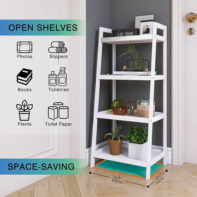 SMIBUY Bamboo Ladder Bookcase, Bathroom Storage Rack Organizer, 4 Tier and 5 Tier Freestanding Plant Display Stand Space Saver Shelves for Bedroom, Kitchen, Balcony (White, 4 Tiers (39" H))