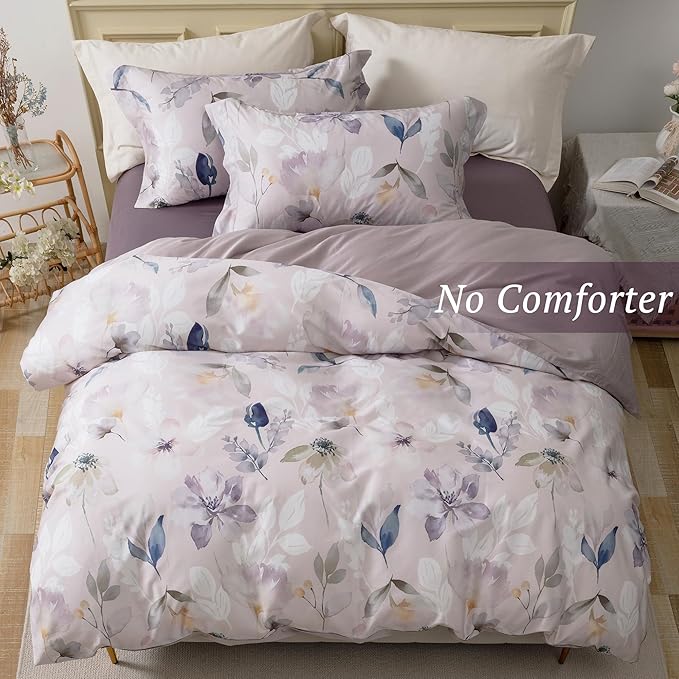 MILDLY 100% Long-Staple Cotton Duvet Cover Set Light Gray Pink Floral Leaf Pattern Printed Comforter Cover 3pcs, Ultra Soft & Breathable Bedding Set