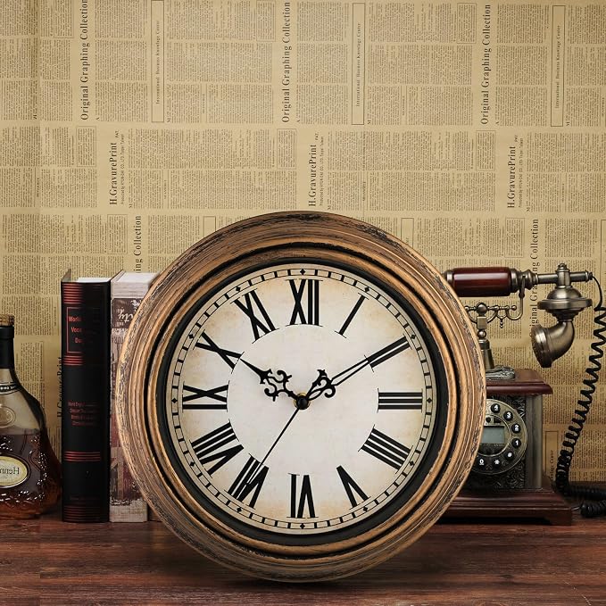 Plumeet Extra Large Retro Wall Clock, 16'' Non Ticking Classic Silent Vintage Wall Clocks Decorative Kitchen Living Room Bedroom, Roman Numerals, Battery Operated