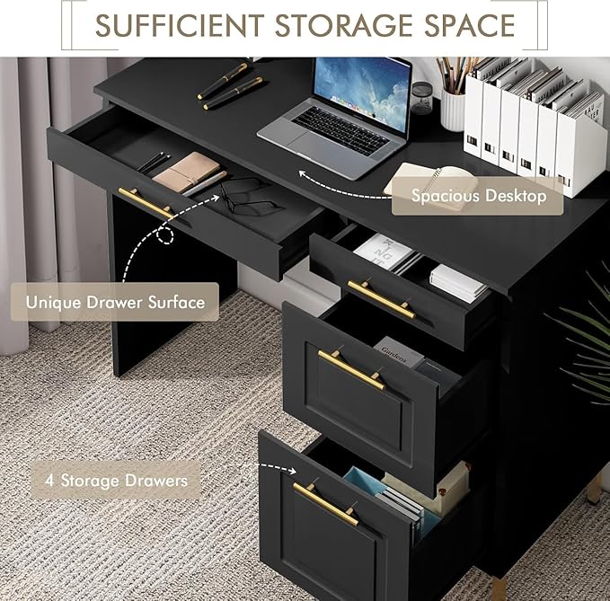4 EVER WINNER Black Desk with Drawers, Modern Home Office Desks with Golden Handles and Drawers, Computer Table for Small Spaces, Black and Gold Desk