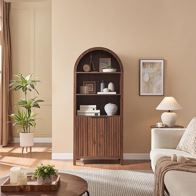 Arched Cabinet Bookshelf Bookcase - 71” Tall Mid Century Arched Display Cabinets, Rounded Bookshelf with Fluted Doors, Open Shelf Storage Cabinet for Dining Room (Walnut)