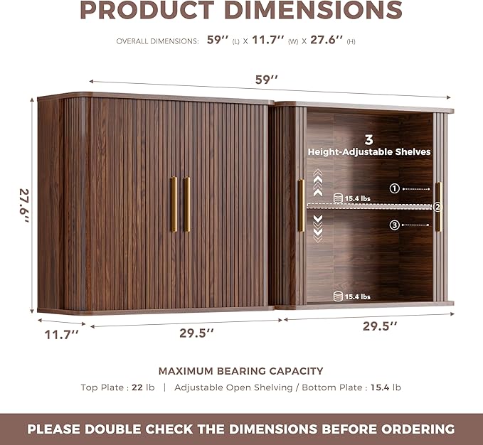 FIMELLO 59" W Laundry Room Cabinets Wall Mounted, Kitchen Wall Cabinet with Sliding Tambour Door, Floating Cabinet for Wall, Upper Cabinets, Hanging Wall Cabinets, Brown Walnut