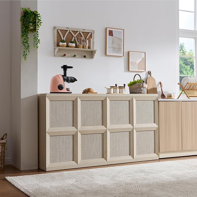 VividVibe Sideboard Buffet Cabinet with Storage, 62.9”Large Boho Credenza with 4 Doors, Coffee Bar Cabinet Farmhouse Modern for Entryway Living Room Light Oak