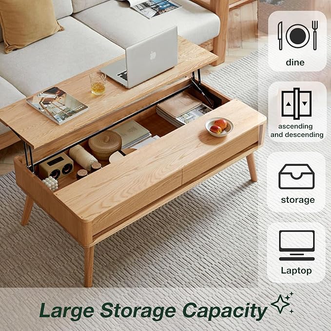 Lift-Top Coffee Table with Storage, Solid Oak Wood Mid-Century Modern Lift Coffee Table, 47 Inch Rectangular Coffee Table for Living Room, Dining, Work, and Games