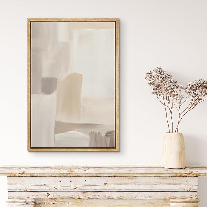 MUDECOR Framed Canvas Print Wall Art Minimalist Neutral Abstract Beige and Taupe Geometric Illustrations Minimalism Decorative Bohemian Colorful Zen for Living Room, Bedroom, Office - 16"x24" NATURAL