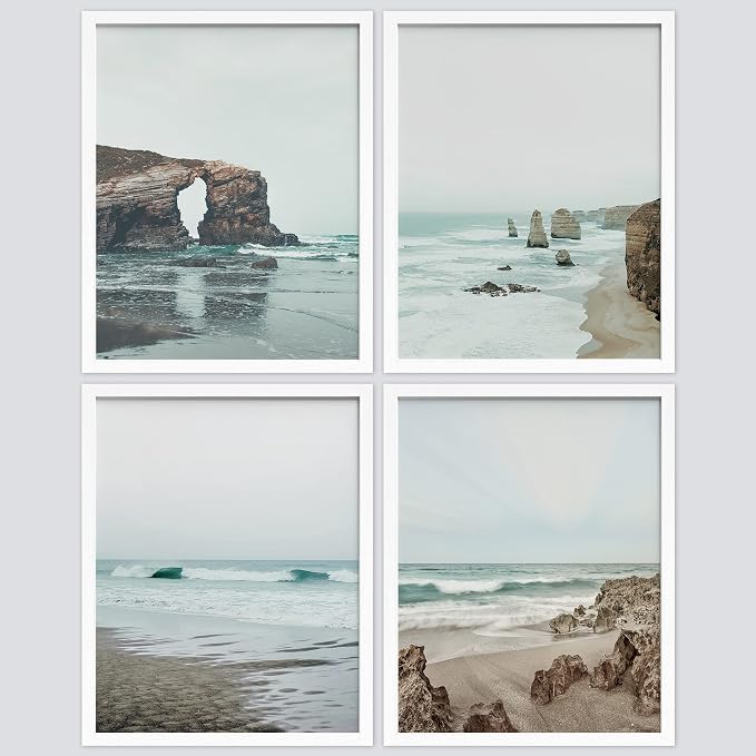 SIGNWIN Framed Rocky Storm Cloud Sky Beach Ocean Wall Art, Set of 4 Landscape Colorful Wall Decor Prints, Nature Wilderness Wall Décor for Living Room, Bedroom - 11"x14" White