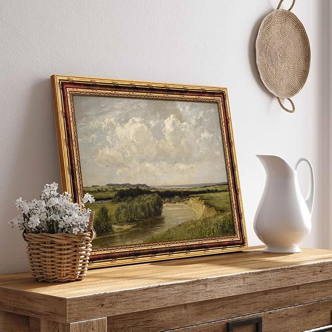 dzbLuck Vintage River Landscape Wall Art with Gold Antique Frame, Classic Farmhouse Painting Print, Rustic Country River Scene Picture Wall Decor 12×16 Inch