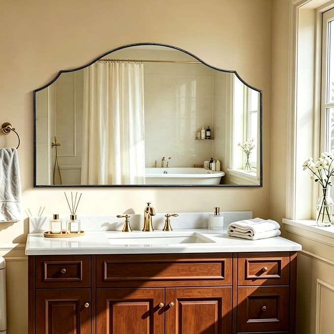 Besdomus Oversized Scalloped Black Mirror: 54"x34" Modern Minimalist Wood Frame Wall Mirror - Classical Fireplace Arched Mirrors for Bathroom/Dresser/Entryway/Living Room - Home Decor for Women