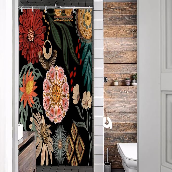 Black Boho Floral Shower Curtain Abstract Botanical Mid Century Modern Bathroom Decor Tropical Flower Shower Curtain with 10 Hooks,54x72 inches