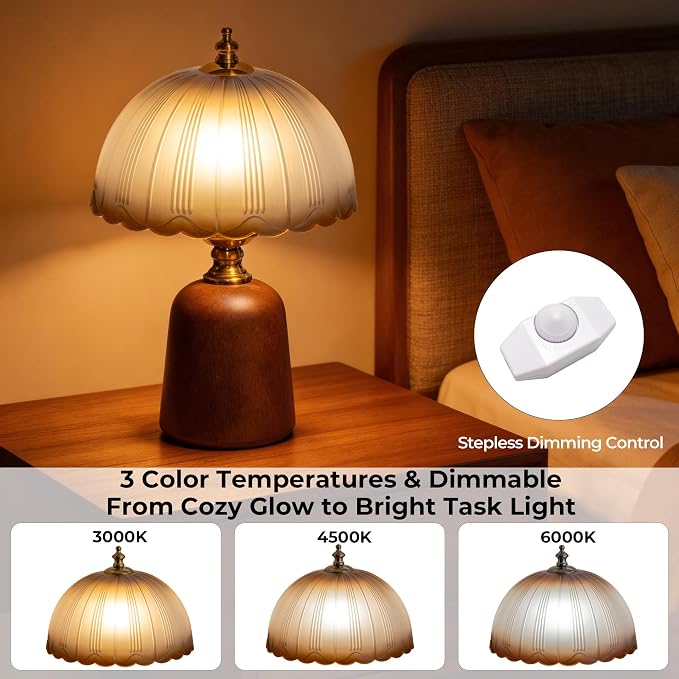 13 inch Decorative Wooden Mid-Century Modern Small Table Lamp, Vintage Amber Glass Shade, Solid Wood Base, Dimmable Bedside Lamp for Bedroom Living Room, Aesthetic Home Decor, E26 Bulb Included