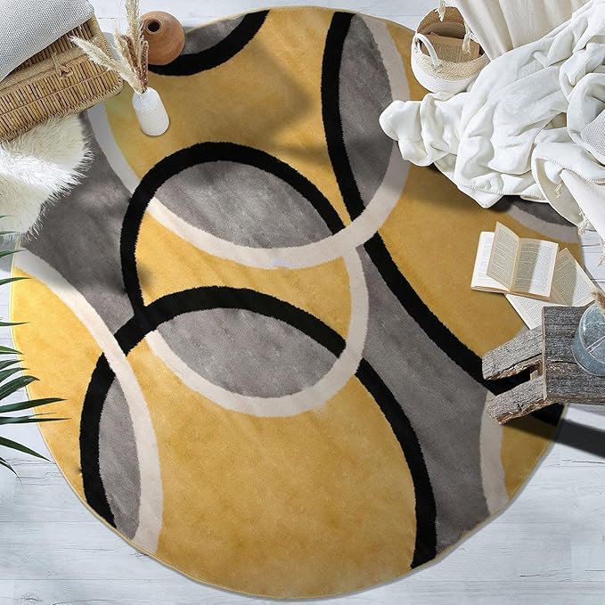 Rugshop Contemporary Abstract Circles Round Rug, Carpet with Jute Backing for Dining Room, Living Room, or Breakfast Nook, Yellow, 6'6" Round