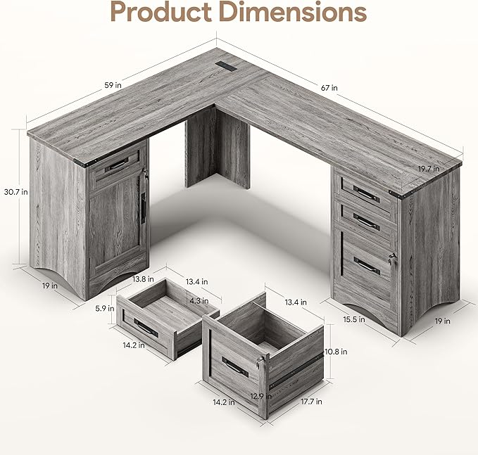 Decofy L Shaped Farmhouse Executive Desk with Drawers, 67" Home Office Desks with Fast Charging Station, Lockable File Cabinet, Wood Writing Computer Desk for Work, Study, Grey