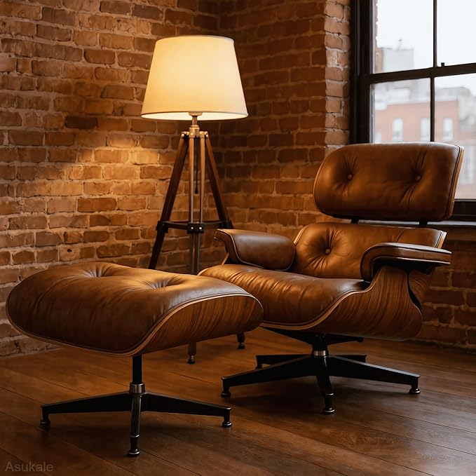 Top Grain Leather, Mid Century Chaise Lounge Chair and Ottoman, Reading Chair, Leather Accent Chair, Modern Chair, Classic Design, Heavy Duty Base Support for Living Room Lounge Office, Walnut-Brown