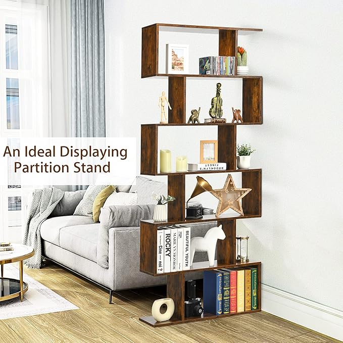 Tangkula 6 Tier S Shaped Bookshelf, 31.5''L x 9''W x 75''H, Wooden Bookcase and Bookshelves w/Anti-Toppling Device, Room Divider Display Shelves for Living Room, Home Decor, 6 Shelf Bookshelf