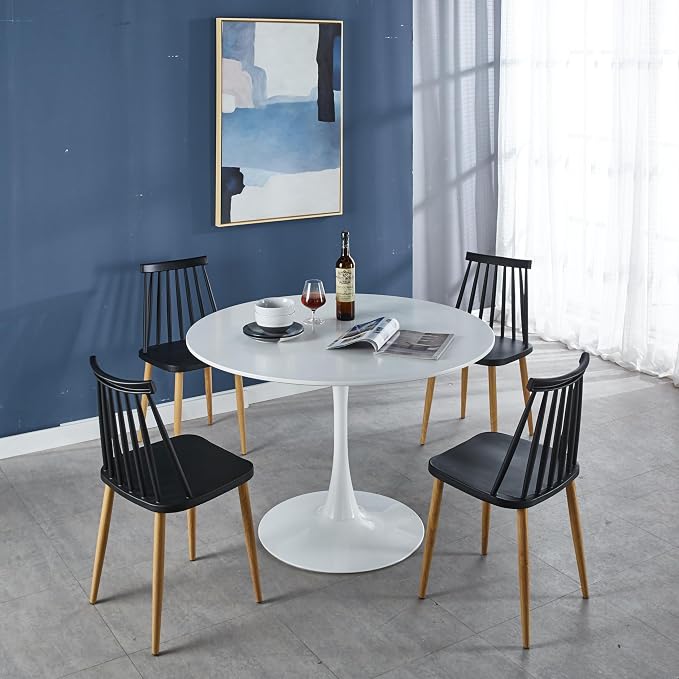White Round Dining Table for 6, Modern 42" Kitchen Tulip Table with Thickened Tabletop, Sturdy Pedestal Base Tulip Shape Table for Small Places, Living Room, Office, Cafe