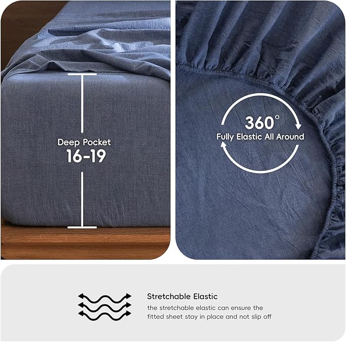 MooMee Bedding Sheet Set 100% Washed Cotton Linen Like Textured Breathable Durable Soft Comfy (Heathered Blue, Twin)