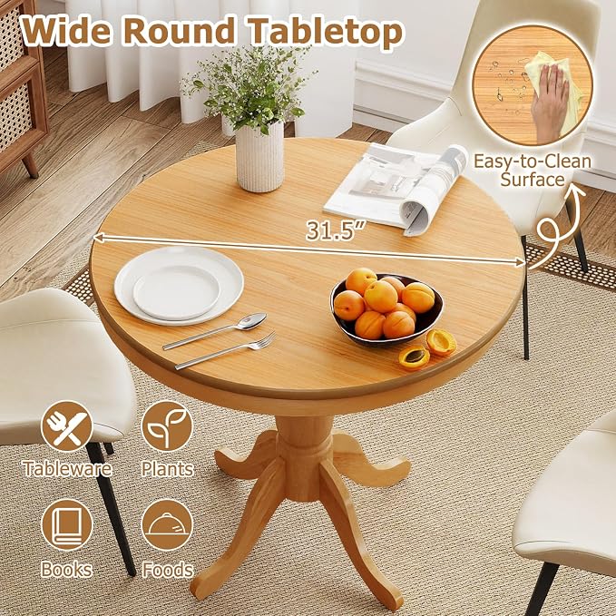Giantex Round Dining Table for 2-4 People, 32" D X 30" H Wooden Kitchen Table with Spacious Tabletop, Pedestal Base, Leisure End Tables for Bar, Kitchen, Dining Room, Restaurant, Natural