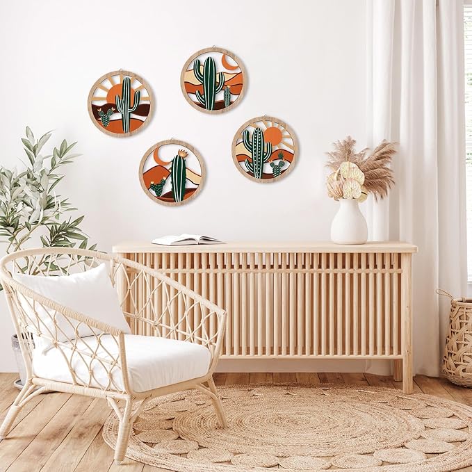 HPNIUB Boho Cactus Wall Decor, Rustic Desert Tropical Botanical Hanging Wood Sign for Living Room, Round Southwest Plant Wooden Plaque, Sun and Moon Wall Art for Apartment Office(10''x10'')